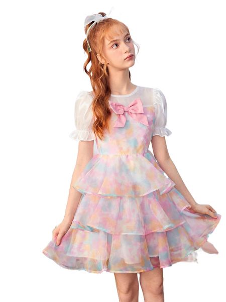 

teen girls tie dye bow front layered hem mesh dress m60b#, Black;white