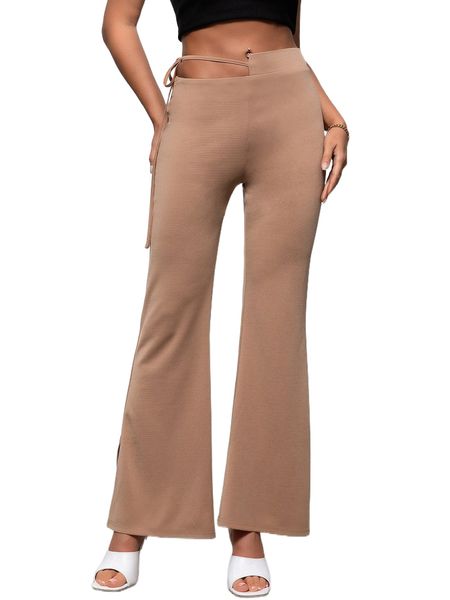 

asymmetrical knot waist flare leg pants d0fy#, Black;white