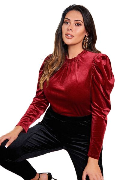 

plus frilled gigot sleeve velvet d916#, Black