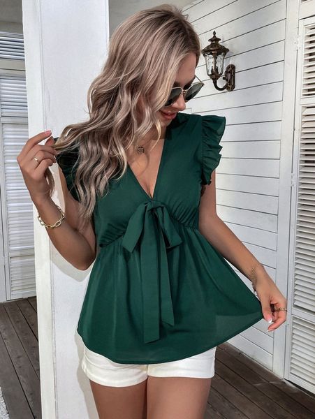 

butterfly sleeve knot front peplum blouse 58g9#, White