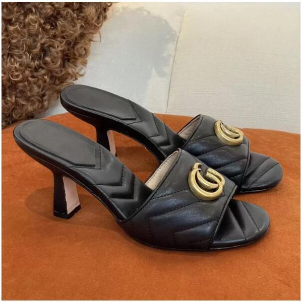 

women high-heels slippers luxury designer brand logo latest slipper fashion versatile inner sheepskin very good, Black