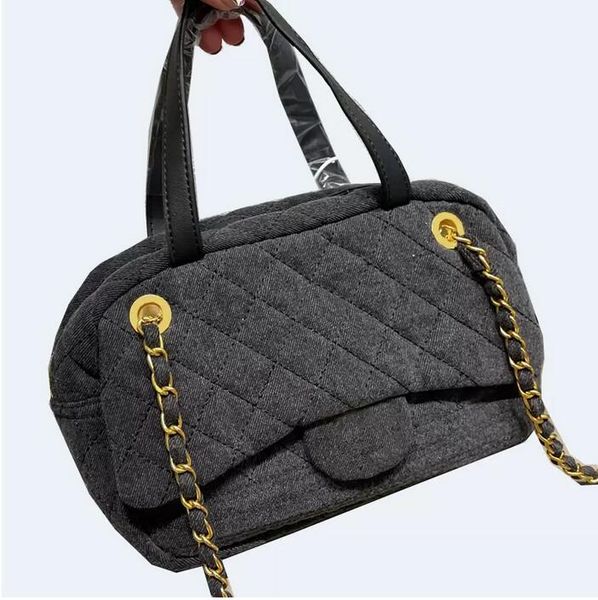 

france elegant mens womens bowling case denim casual bags large capacity handle totes quilted leather chain strap crossbody shoulder luxury