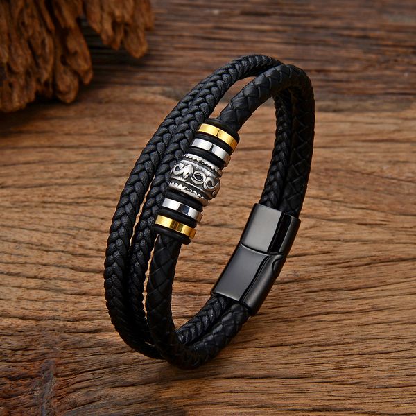 

cross-border diy men's fashion stainless steel multi-layer leather cord bracelet european and american woven magnetic snap titanium ste, Golden;silver