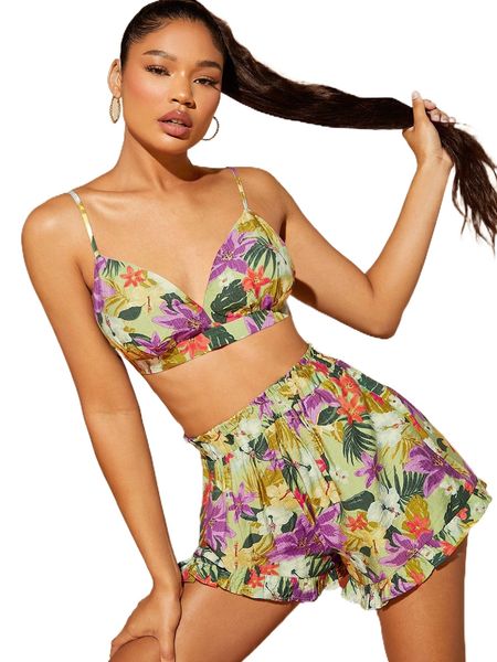 

tropical print tie back triangle crop and ruffle shorts set s5gs#, White