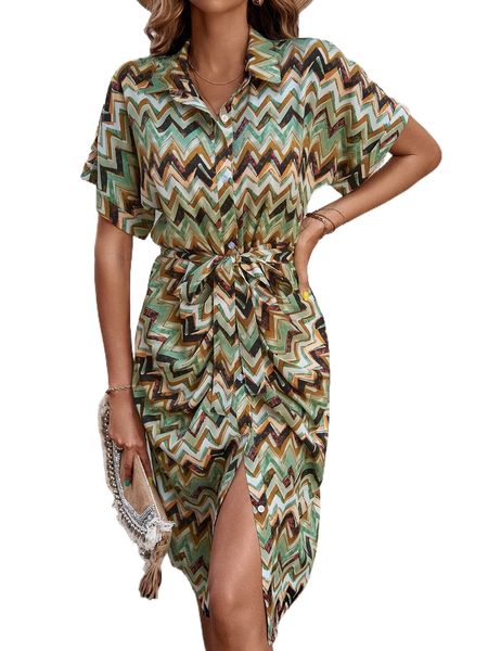 

chevron print button up belted shirt dress u6gb#, Black;gray