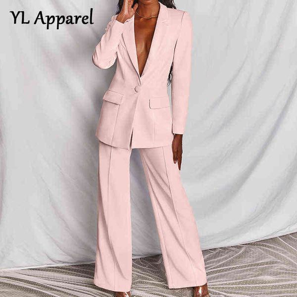 Neue 2022 Frühling Frauen Zwei Stück Set Blazer und Breite Bein Hosen Anzüge Elegante Büro Dame Single Button Formale Hosenanzug solide Rosa T220729
