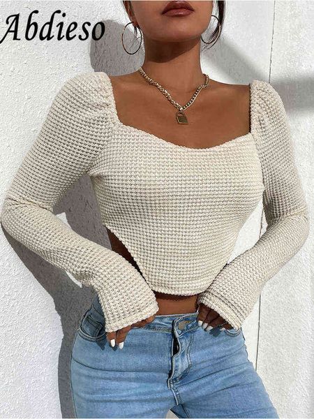 

women's abdieso autumn long sleeve knitted casual t shirts women y2k cro t220823, White