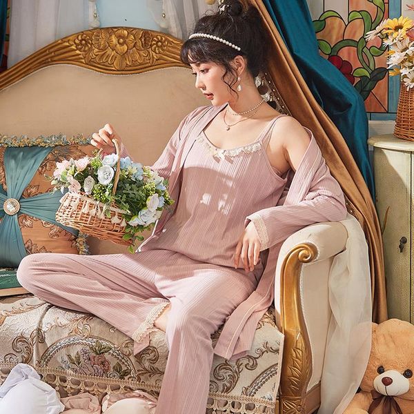 

autumn knitted cotton women sleepwear 3 pieces set woman pajamas long sleeve loose soft 5xl female homewear suits, Black;red