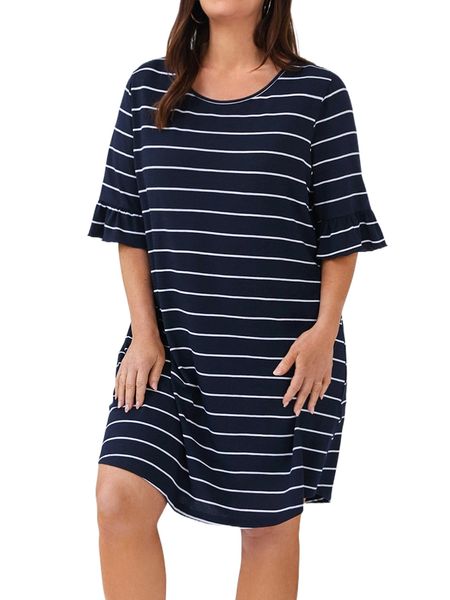 

emery rose plus striped flounce sleeve tee dress q3af#, Black