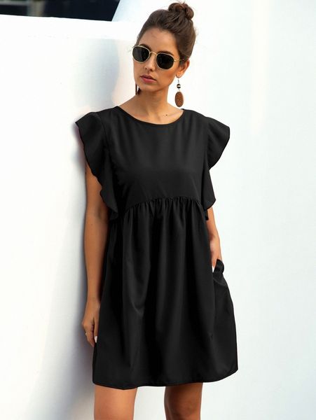 

solid butterfly sleeve smock dress n6us#, Black;gray