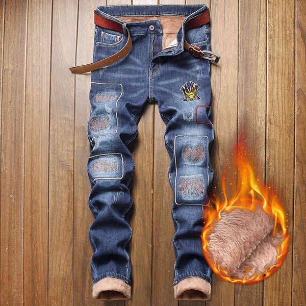 

men's jeans men's plush jeans elastic slim fit small feet embroidered patch pasted casual pants f0sg, Blue