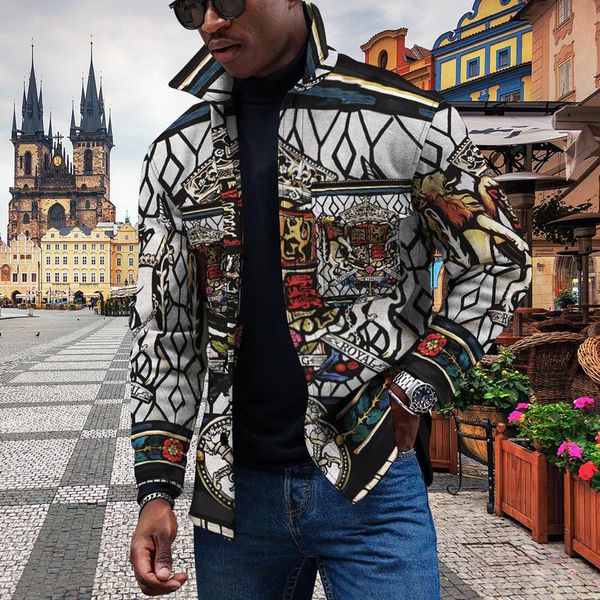 Giacche da uomo Trend 3d Digital Retro Pattern Stampa Risvolto Abbigliamento sportivo Trench corto Moda allentata Manica lunga Giacca casual da uomo