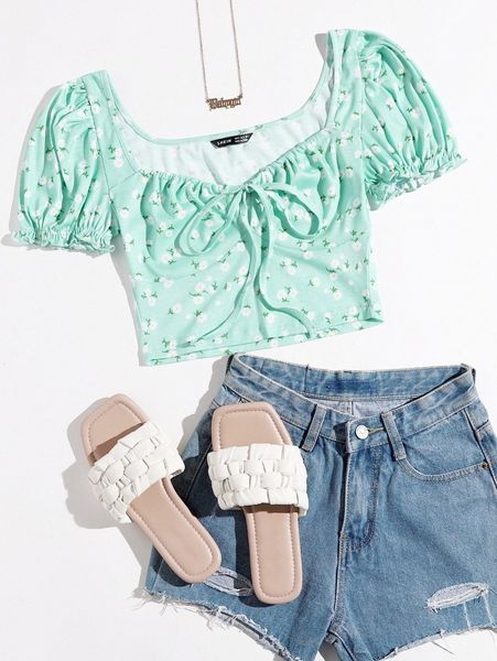 

puff sleeve tie front ditsy floral 10au#, White