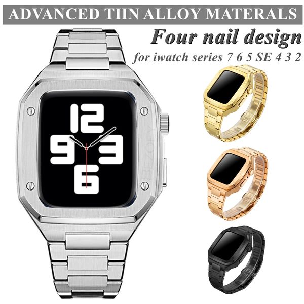 Edelstahl-Armbandgehäuse für Apple Watch Band-Modifikation 45 mm 44 mm 41 mm Metall-Mod-Kit-Set für IWatch Serie 7 6 SE 5 4 3 2 1