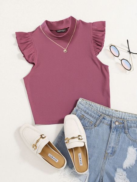 

solid rib knit ruffle trimed q1gd#, White