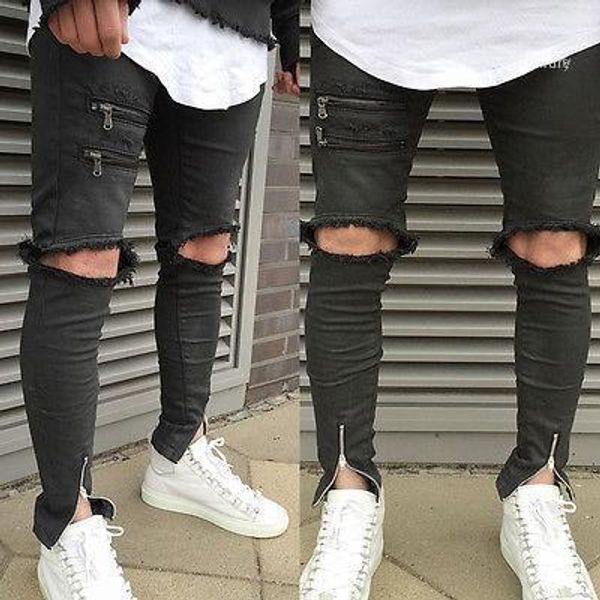 

fashion hole jeans hollow out fake zippers vintage men's straight slim fit jeans black distressed ripped skinny pants, Blue