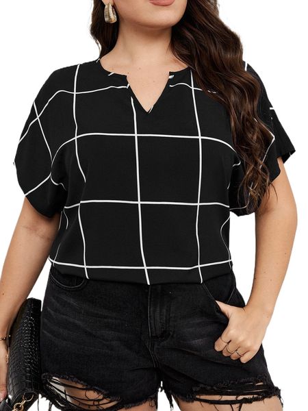 

plus grid print notched neckline batwing sleeve blouse p5wa#, Black