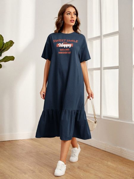 

drop shoulder slogan graphic smock dress g0ib#, Black;gray