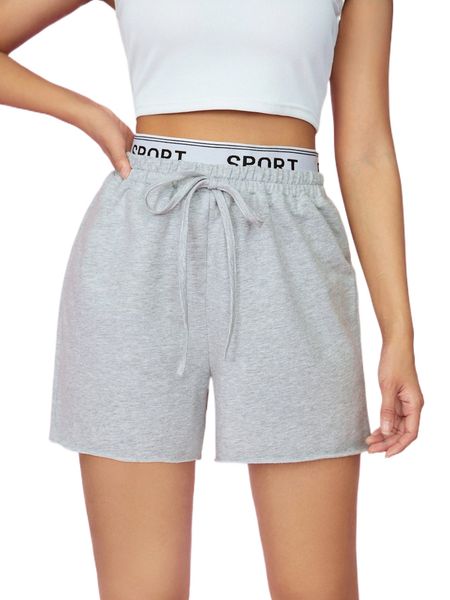 

petite letter tape drawstring waist track shorts i67k#, White;black