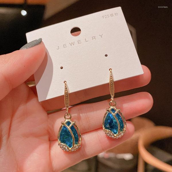 Brincos Dangle Chandelier Korea Fashion Blue Crystal Zircon para mulheres Longa Opala Tulipa Charme Personalidade Presente de Jóias de Casamento