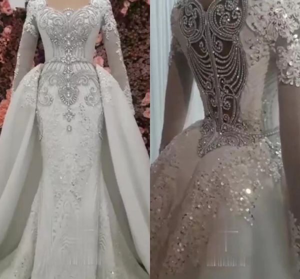

luxury crystals beaded mermaid wedding dresses bridal gown with overskirt 2022 scalloped v neck long sleeves custom made plus size sweep tra, White
