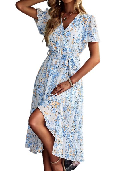 

ditsy floral print belted wrap dress 14w0#, Black;gray