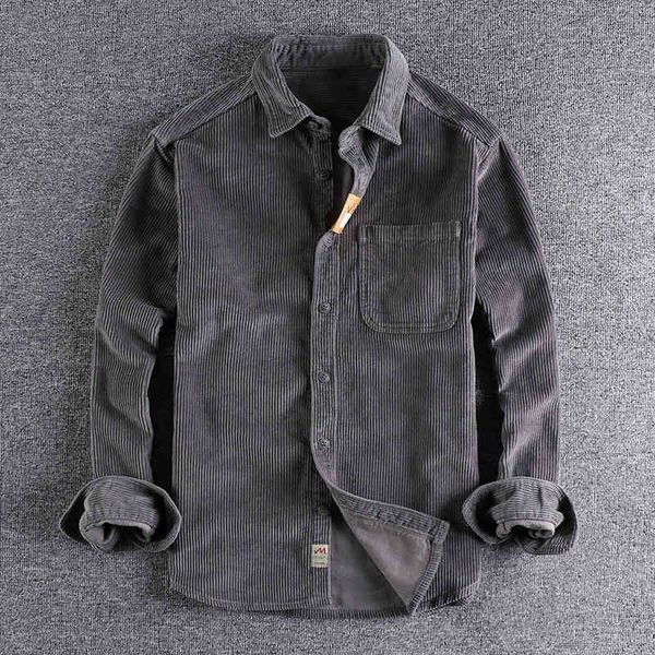 

autumn and winter thick washed old corduroy shirt men's simple pocket loose tooling jacket, Black;brown