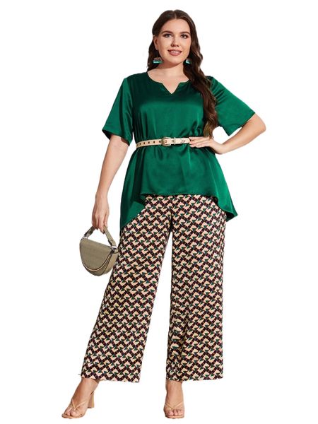 

plus notched neck & geo print wide leg pants without belt r633#, Black