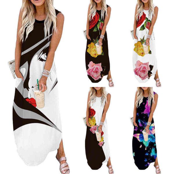 

luxury designer women's dresses 2022 summer women's sleevels long skirt round neck printed vt dr's wear, Black;gray