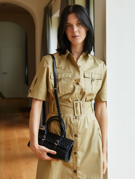 

motf premium 100% cotton belted utility dress a4aj#, Black;gray