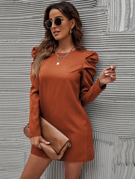 

solid leg-of-mutton sleeve keyhole back dress 94rx#, Black;gray