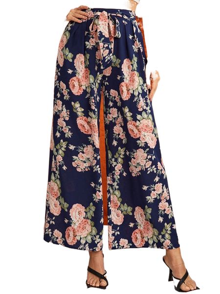 

f.loral print plicated detail b.elted w.ide l.eg p.ants c841#, Black;white