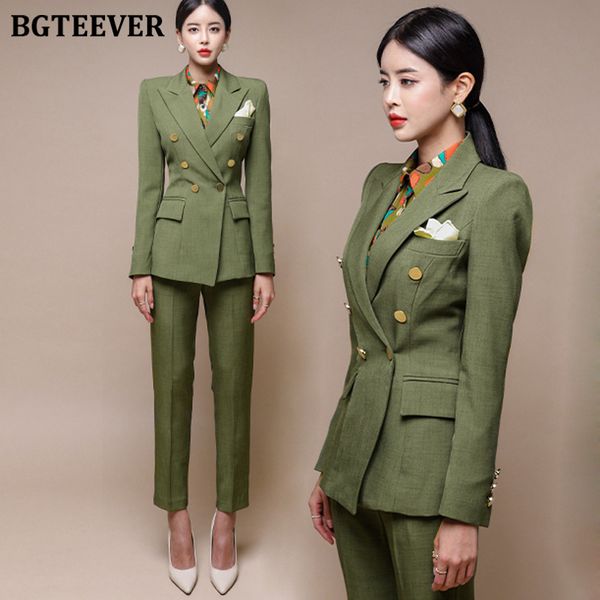 

fashion green women blazer set double breasted slim jacket pencil pant suit ladies work female 2 piece 220718, White