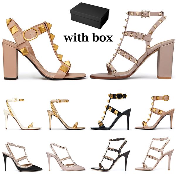 

women luxury stud pump designer high heels dress shoes pointed toes patent leather metallic gold black rose cannelle split womens sandals pa