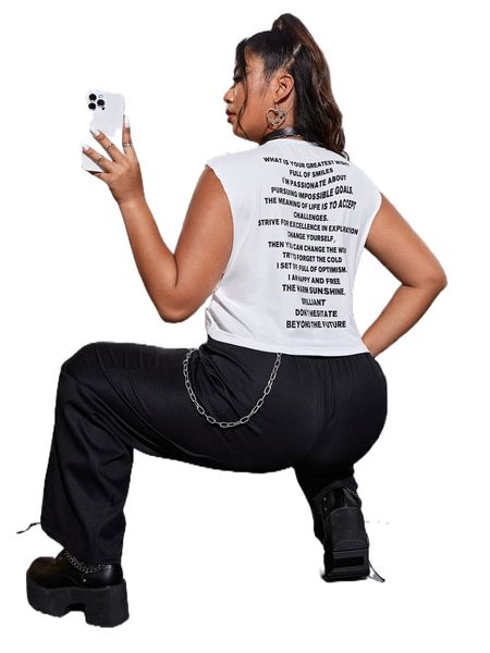 

plus playing card & slogan graphic crop tank 82gp#, Black