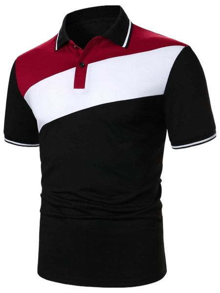 

men color block contrast trim polo shirt v5t9#, White;black