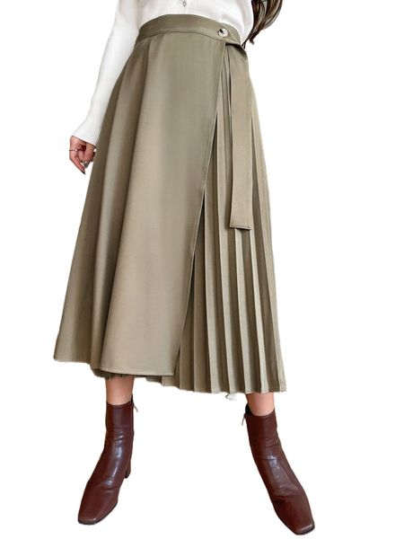 

dazy pleated panel draped side wrap skirt s104#, Black