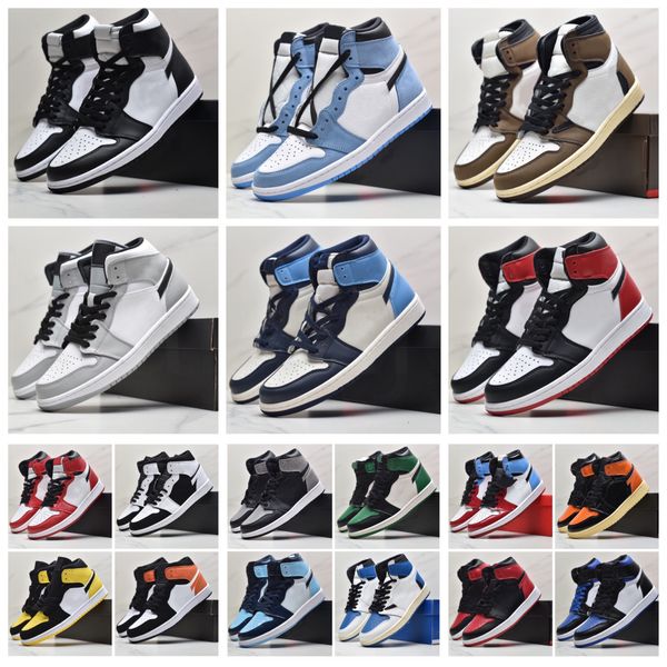 

with box jumpman 1 og 1s mens basketball shoes bordeaux heritage bred patent hyper royal university blue lucky green men sports women sneake, Black