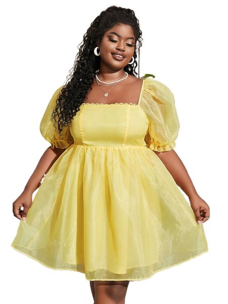 

plus square neck puff sleeve tie back organza dress 09n0#, Black