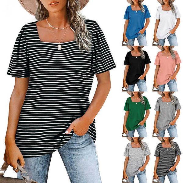 

2022 new style pleated stripe square neck short sleeve t-shirt women's women's wear, White