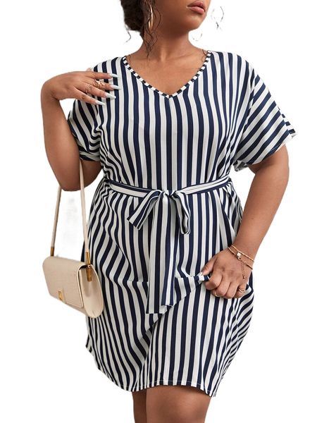 

plus striped dolman sleeve crisscross back belted dress j7oe#, Black