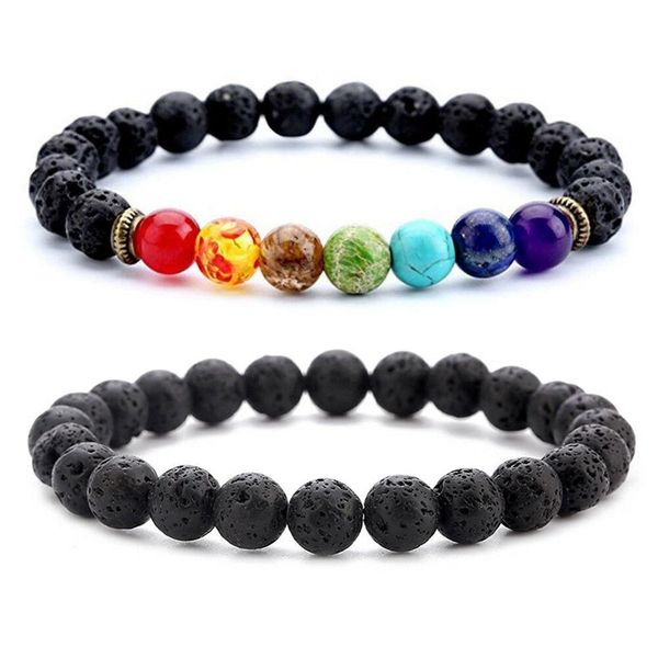 

wholesale mix7 chakras stone lava rock diffuser bracelet elastic yoga beads bangle for women men 8mm natural stone beads jewelry charm, Black