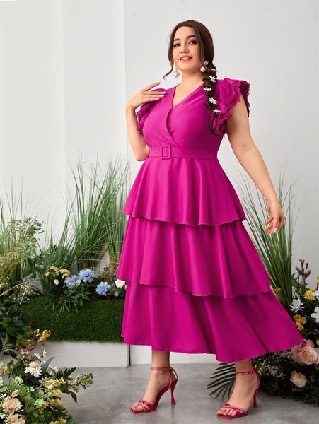 

plus butterfly sleeve surplice neck belted layered hem dress u9di#, Black