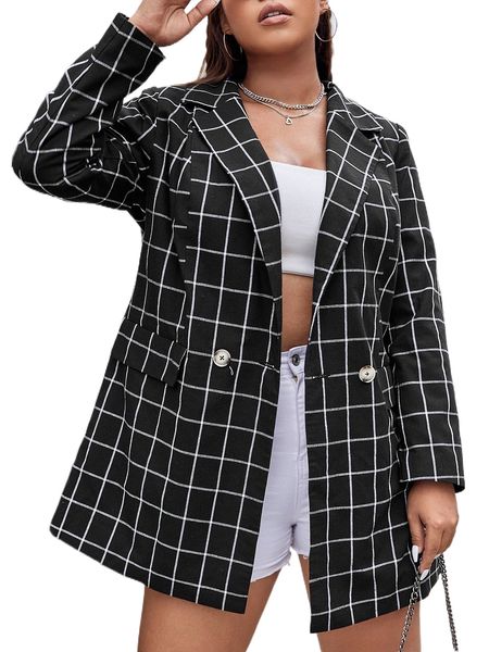 

plus grid print double button blazer r61o#, Black