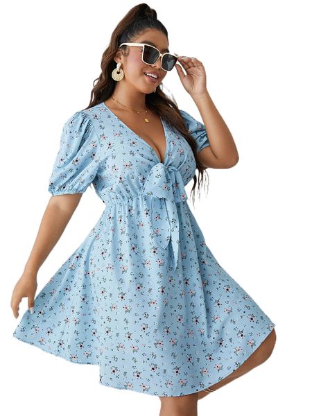 

plus ditsy floral tie front puff sleeve dress a7zr#, Black