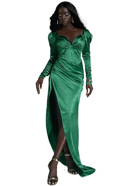 

missord sweetheart neck ruched split thigh satin dress e71n#, Black;gray
