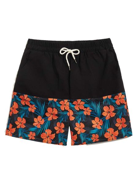 

romwe guys floral graphic drawstring shorts b77r#, White;black