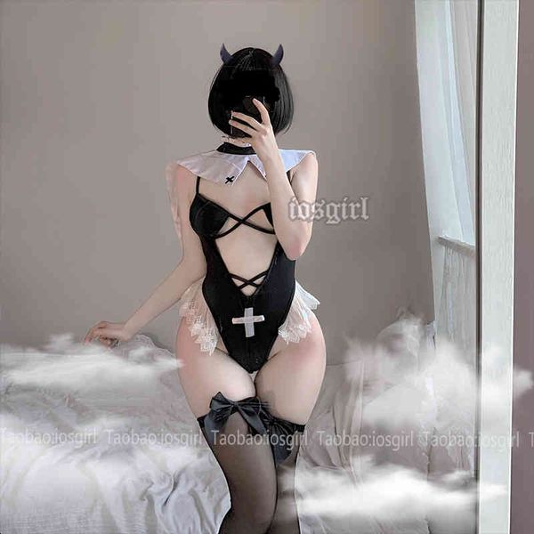 

anime lingerie nun cosplay outfit for women kawaii lace costumes bodysuit japanese student uniform hollow slim dress, Black;white