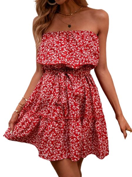 

ditsy floral ruffle hem belted tube dress o7re#, Black;gray