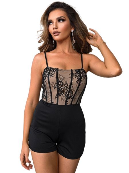 

joyfunear contrast lace cami romper o6in#, Black;white